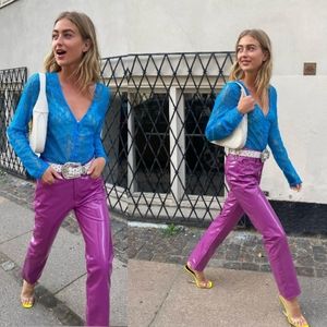 Simon Miller Vegan Patent Leather Straight Leg Pant in Magenta Purple NEW